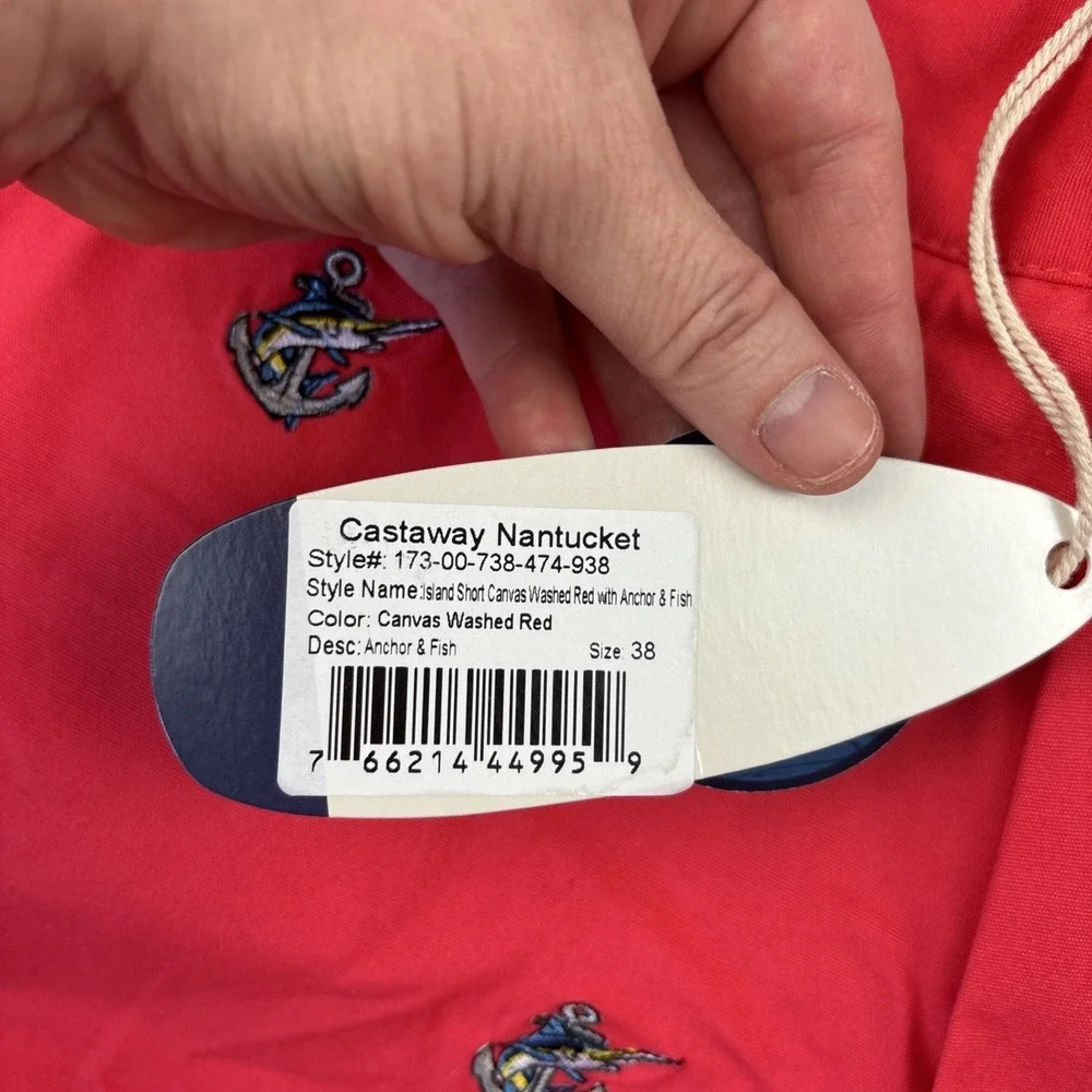NEW CASTAWAY NANTUCKET Mens Chino Shorts Size 38 Embroidered Anchor Fish Preppy